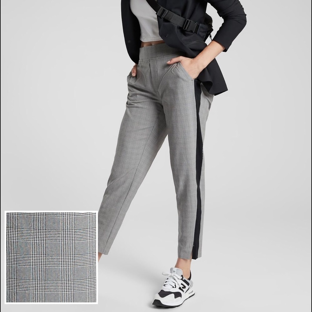Athleta Gray Plaid Ankle Pants with Black Side Stripe